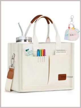 Structured Canvas Tote Bag for Women, Multi-Compartment Zippered Work Travel